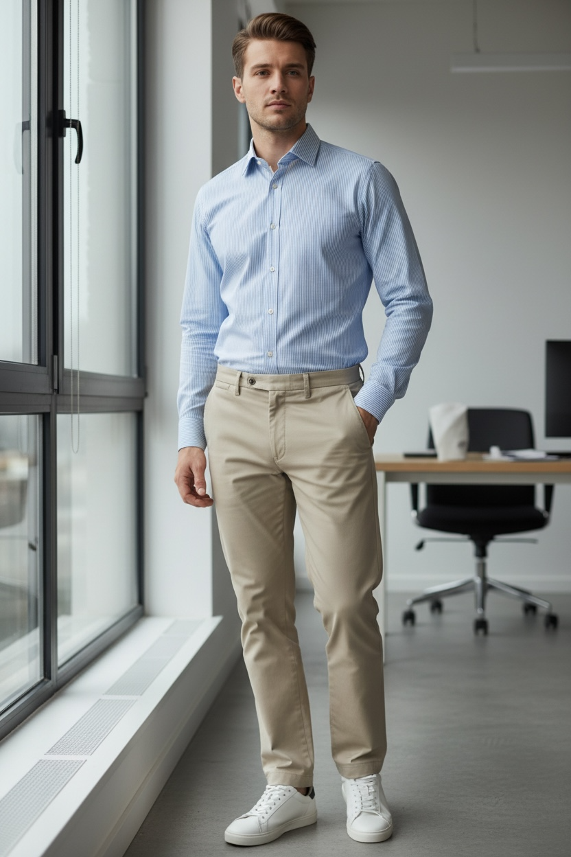 Camisa de vestir para hombre azul con rayas blancas